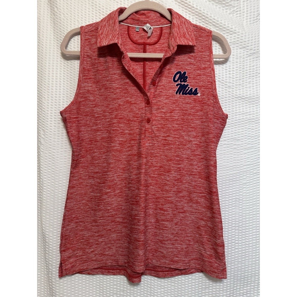 Woman's Red OLE MISS Sleeveless Under Armour Head Gear Collared Shirt Sz Medium